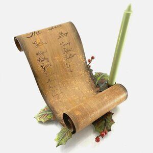 Santa's Gift List Holly Leaves & Berries Christmas Candle Holder Metal Brass?